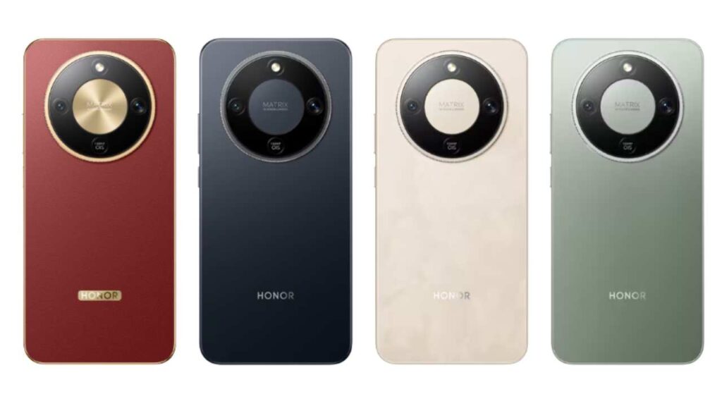 Honor X9d smartphone showing all color variants including Reddish Brown, Midnight Black, Sunrise Gold and Forest Green